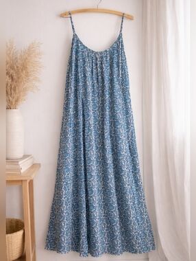 Natural Life Blue Boho Maxi Dress | Cotton Gauze | Raw Hem | L/XL